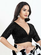 Joban Fashion Black Silk Padded Blouse With V Neck Elbow Sleeves - Distacart