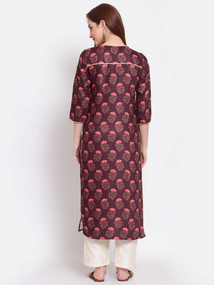 Myshka Women's Wine Printed Pashmeena 3/4 Sleeve Round Neck Casual Winter Kurta