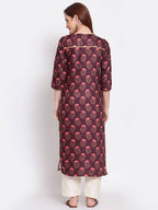 Myshka Women's Wine Printed Pashmeena 3/4 Sleeve Round Neck Casual Winter Kurta