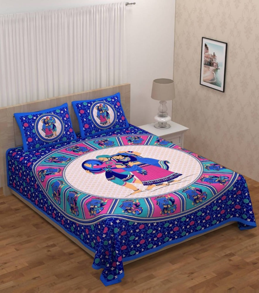 Vamika Printed Cotton Dafli Blue Bedsheet With Pillow Covers (PM Dafli Blue)