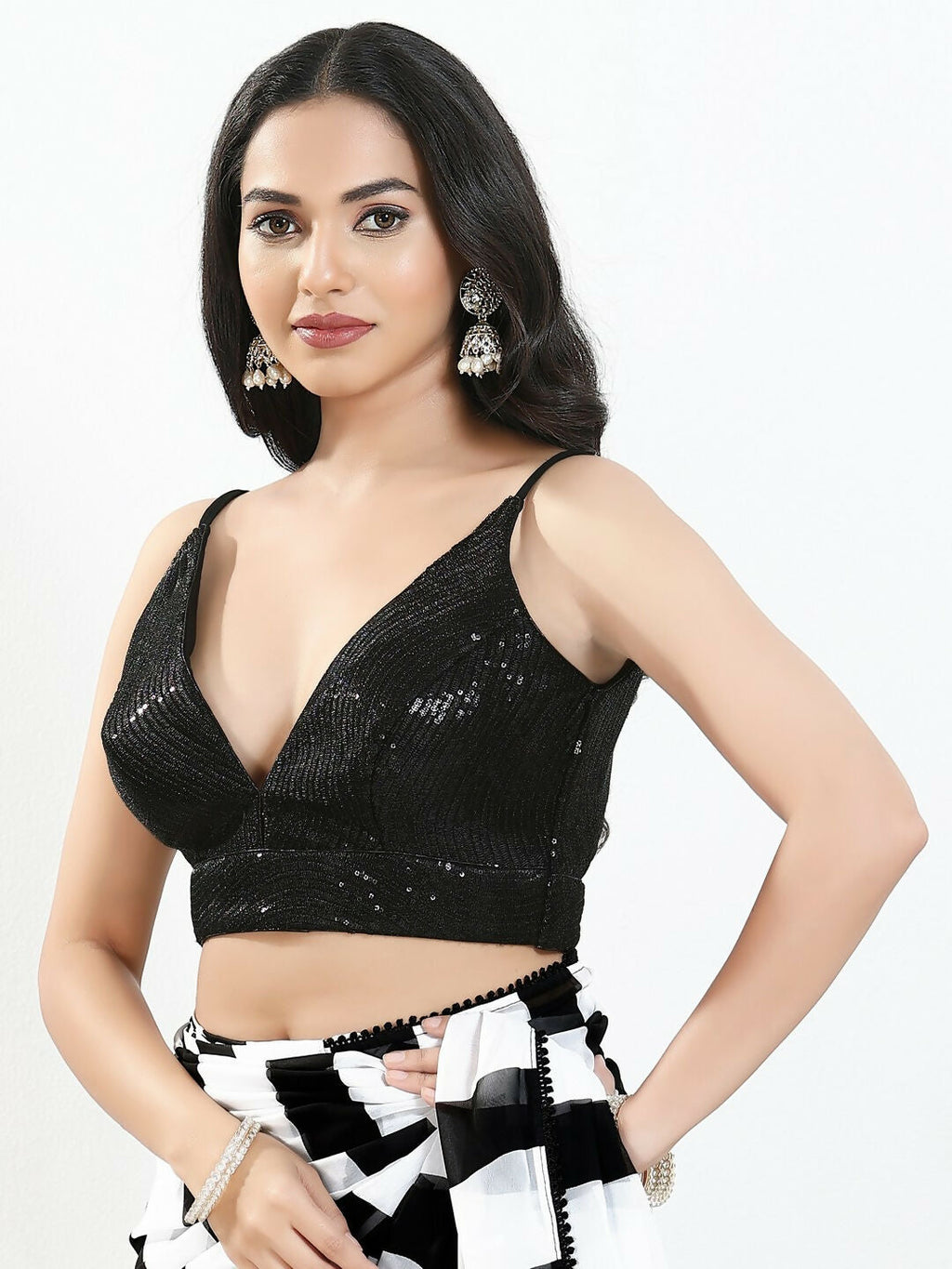 Joban Fashion Black Sequin Padded Blouse With V Neck Sleeveless - Distacart