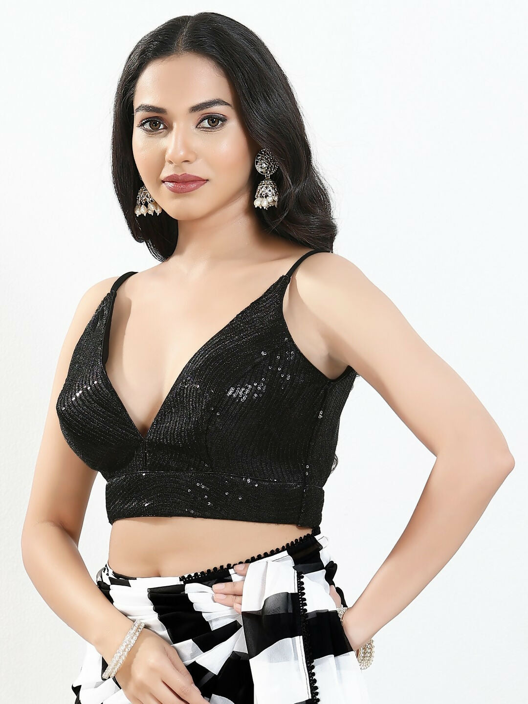 Joban Fashion Black Sequin Padded Blouse With V Neck Sleeveless - Distacart