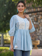 Juniper Women's Blue Cotton Dobby Solid With Embroidered Straight Tunic - Distacart