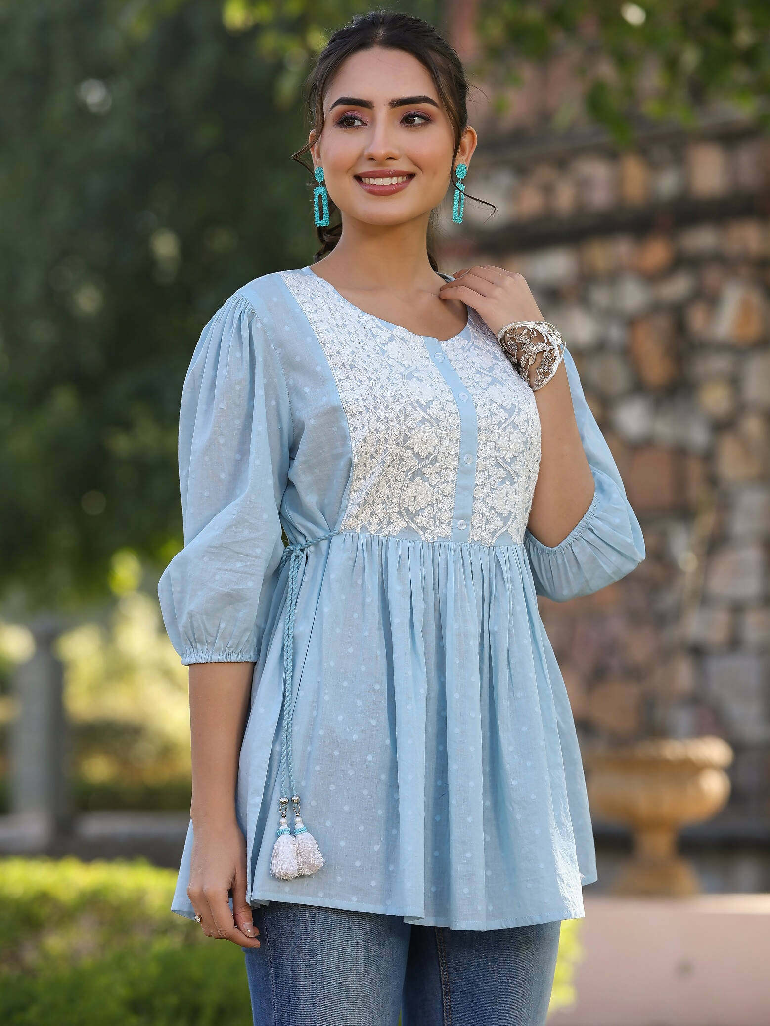 Juniper Women's Blue Cotton Dobby Solid With Embroidered Straight Tunic - Distacart