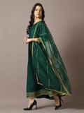 Myshka Women's Green Solid Silk Anarkali Party Kurta With Dupatta