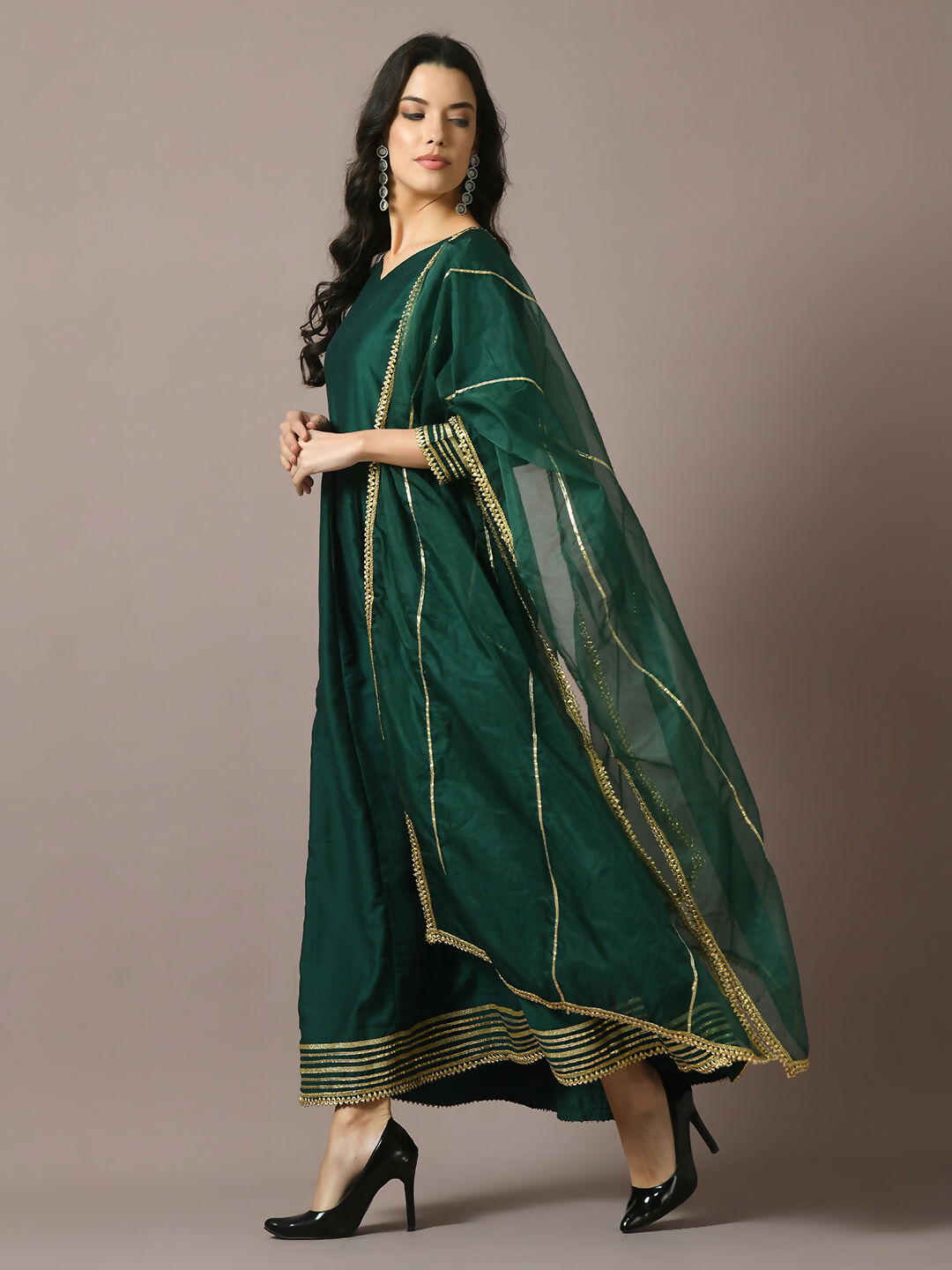 Myshka Women's Green Solid Silk Anarkali Party Kurta With Dupatta