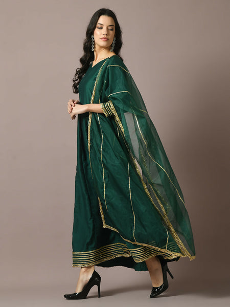 Myshka Women's Green Solid Silk Anarkali Party Kurta With Dupatta