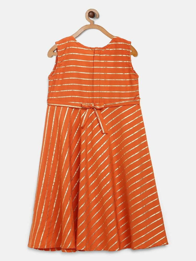 Ahalyaa Orange Crepe Gold Stripped Printed Kids Dress With Jacket For Girls