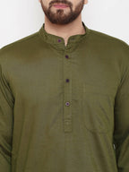 Even Apparels Green Linen Men's Kurta With Band Collar - Distacart