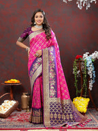 Lorenvalley Fashion Magenta & Wine Patola Silk Woven Design Meenakari Weaving Saree