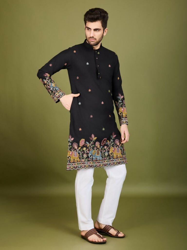 Vastranavya Black Exclusive Festival Wear Cotton Sequence Embroidered & Thread Work Kurta