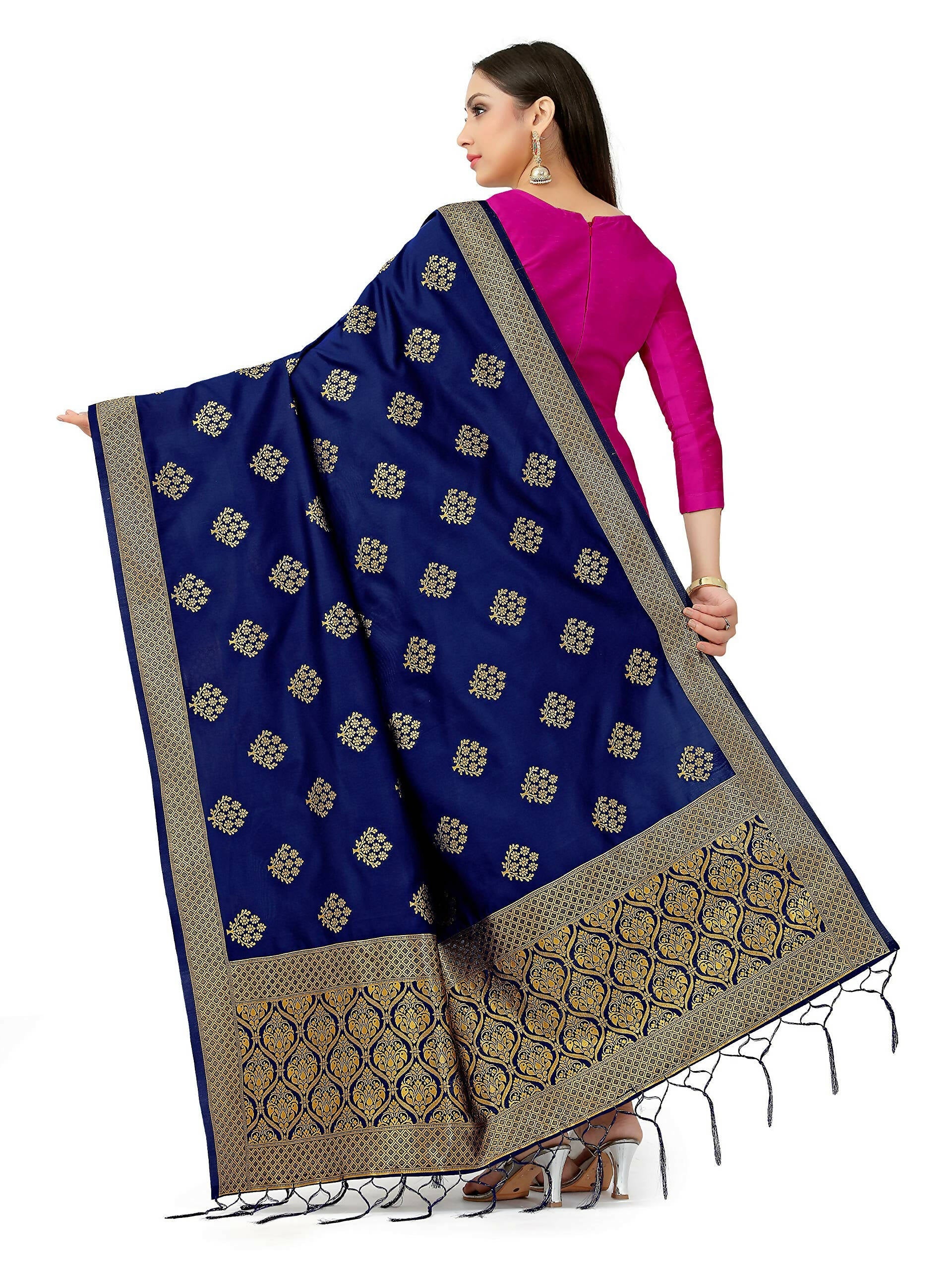 Mimosa Women's Floral Art Silk Navy Blue Dupatta - Distacart