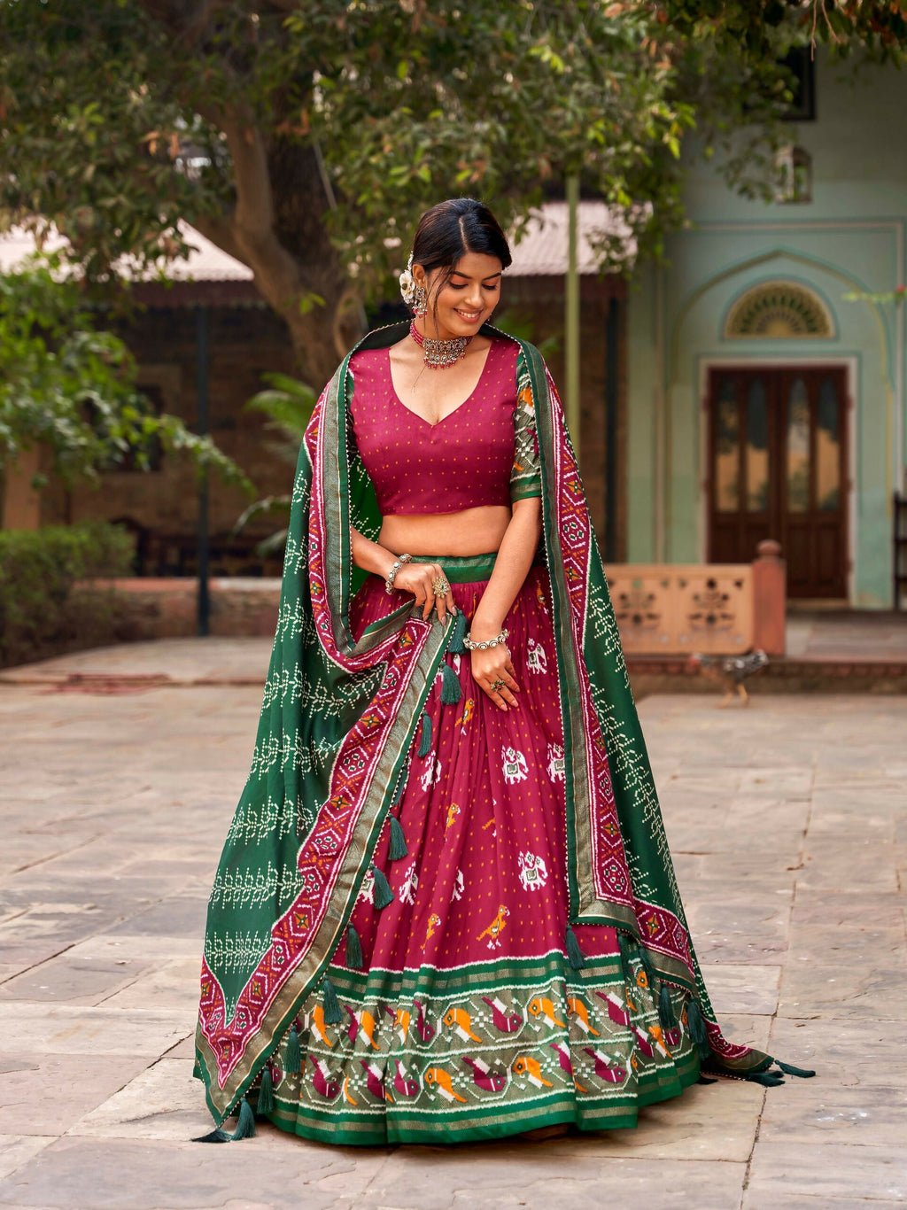 Vastranavya Patola Printed and Foil Work Tussar Silk Lehenga with Unstitched Blouse - Red