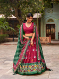 Vastranavya Patola Printed and Foil Work Tussar Silk Lehenga with Unstitched Blouse - Red
