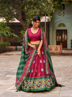 Vastranavya Patola Printed and Foil Work Tussar Silk Lehenga with Unstitched Blouse - Red