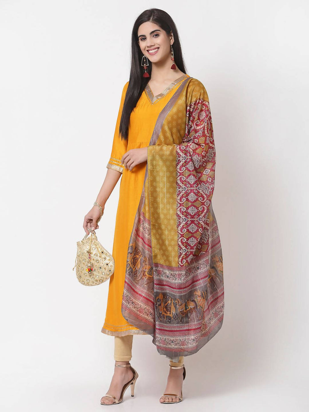 Myshka Yellow Printed Silk Blend 3/4 Sleeve V Neck Casual Kurta Dupatta Set