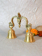 CraftVatika Gold-Toned Brass Hand Held With Nandi Sitting On Top Double Puja Bell