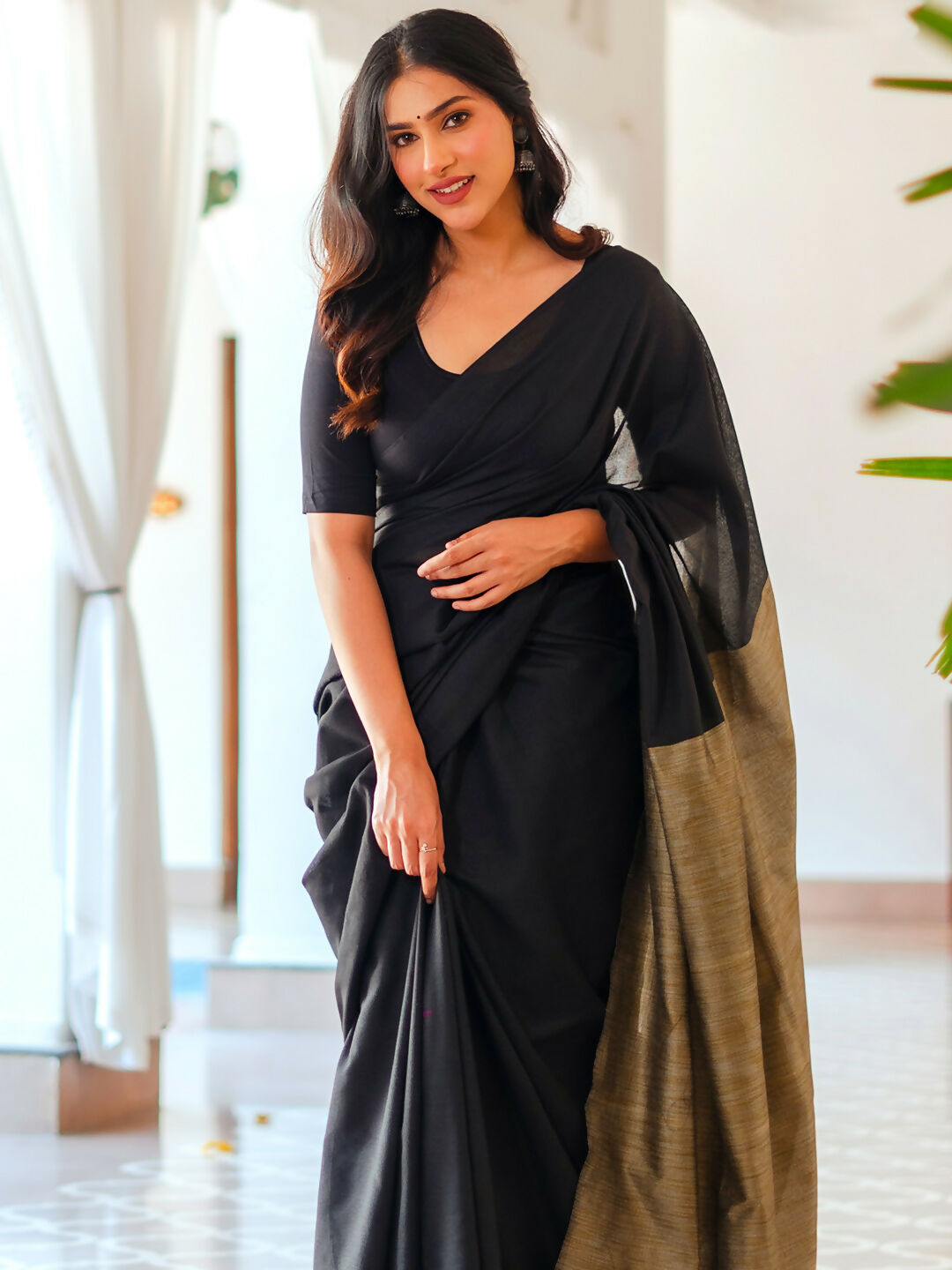 Zibaa Black & Gold Mul Cotton Saree - Distacart
