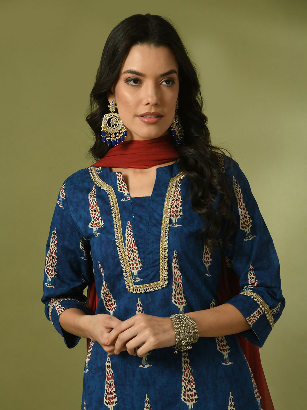 Myshka Women's Blue Printed Cotton Straight Party Kurta Set With Dupatta
