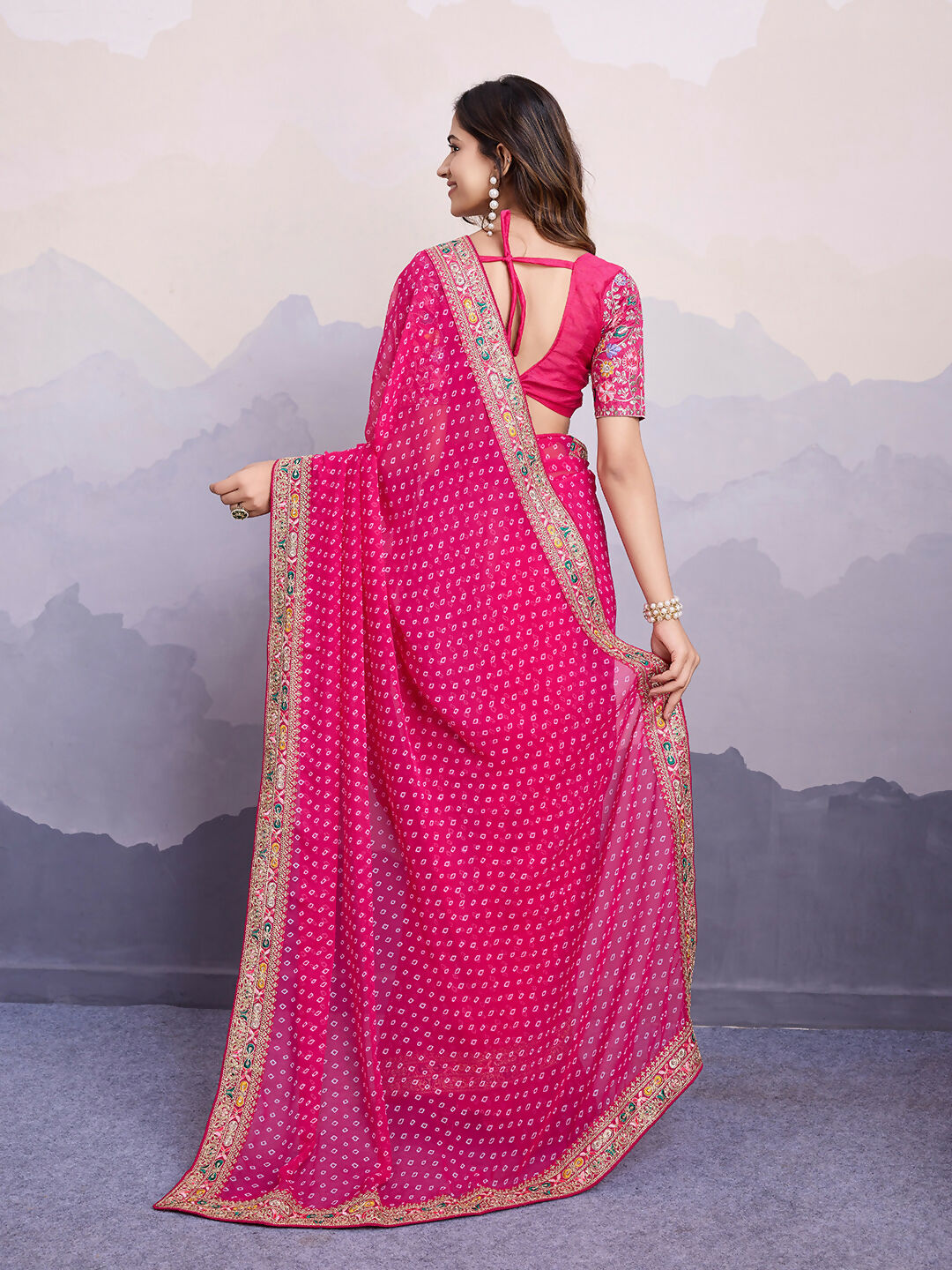 Pink Georgette Bandhani Printed,Embroidery Work Saree - Surkhi