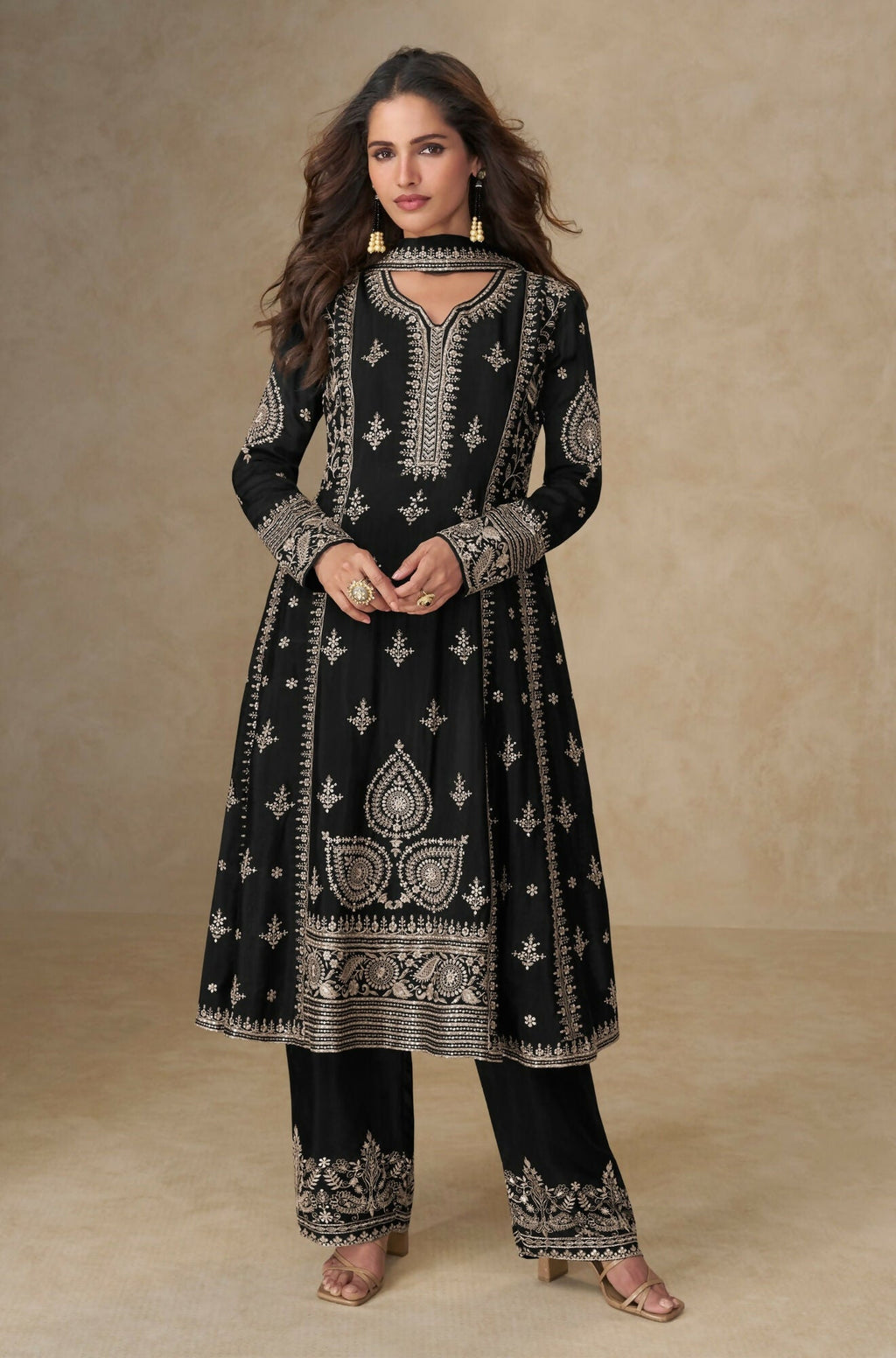 Anaita Black Chinon Silk Stitched Suit with Embroidery & Sequence Work - Distacart