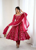 Teeya Creation Red Color Heavy Faux Georgette Embroidery Work Gown - Distacart