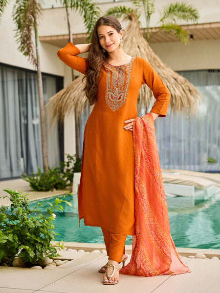 The52 Rust Women's Gorgeous Embroidered work Rayon Fabric Straight Kurta, Pant and Dupatta Set