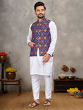 Anaita Navy Cotton Straight Kurta Pajama & Koti With Jequard Work