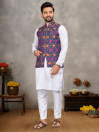 Anaita Navy Cotton Straight Kurta Pajama & Koti With Jequard Work