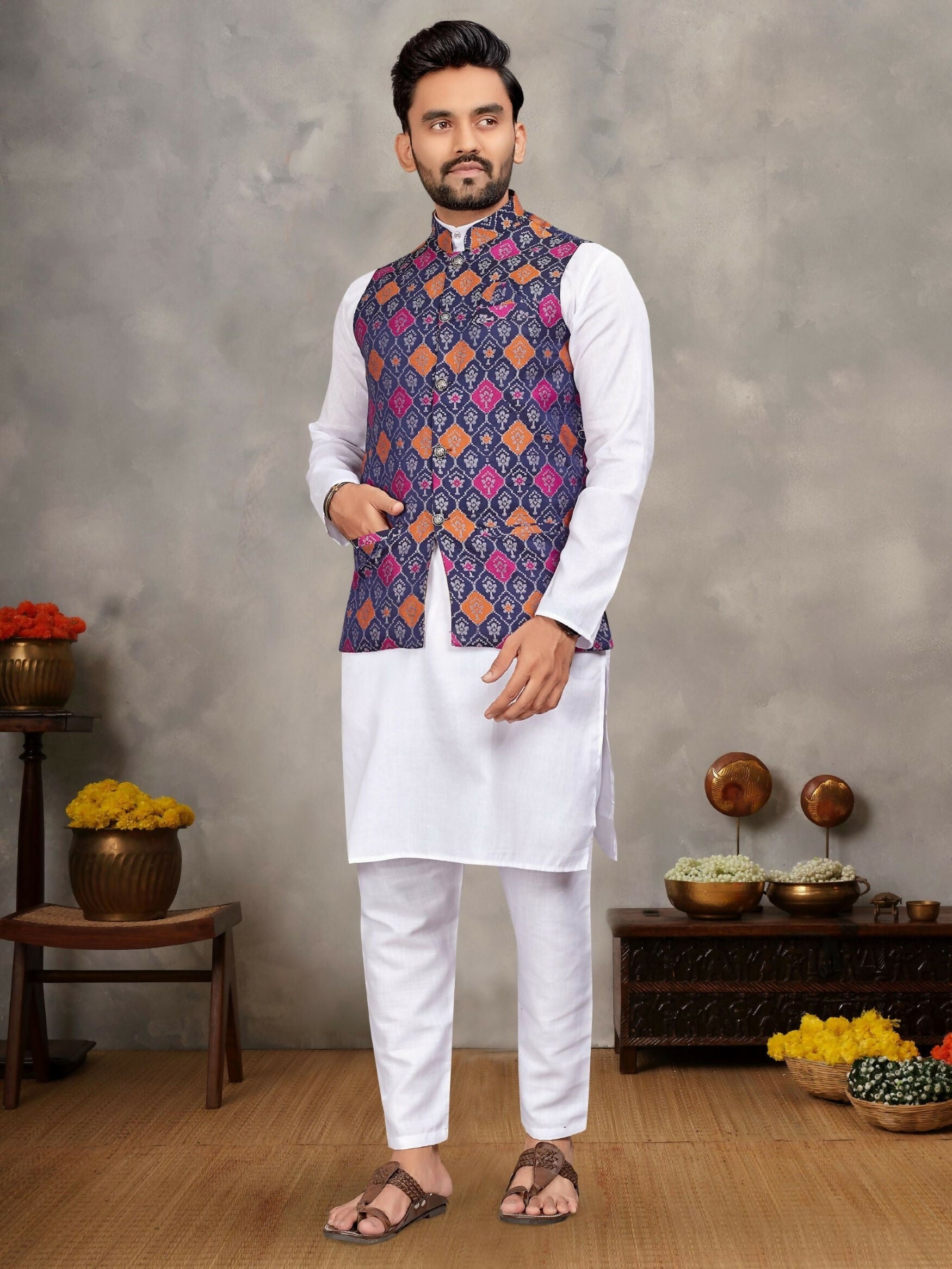 Anaita Navy Cotton Straight Kurta Pajama & Koti With Jequard Work