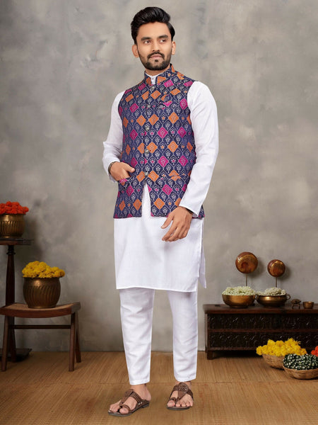 Anaita Navy Cotton Straight Kurta Pajama & Koti With Jequard Work