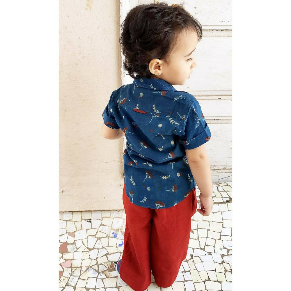 Mhyssa Half Sleeve Blue Shirt With Full Length Red Pant Set For Kids