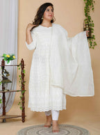 Miravan Women's Plus Size Beige Chikankari Thread Work Anarkali Kurta With Dupatta