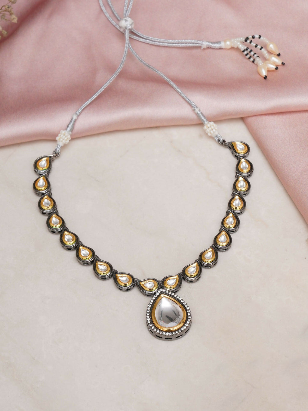 Dual Tone Kundan Neckpiece (silver) - Ruby Raang