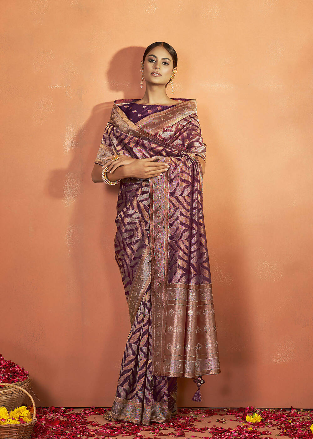 Maroon Organza Silk Woven Design Saree With Unstitched Blouse Piece - Norita Royal Pradha