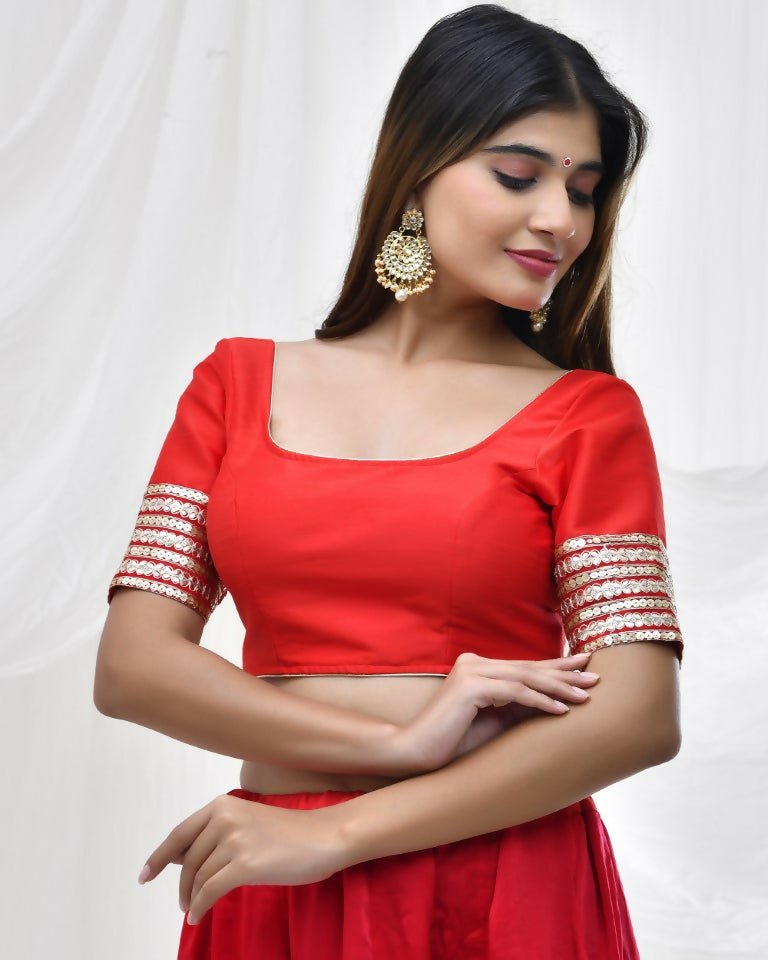 Amodini Designer Studio Red Blouse with Embellished Thread Embroidery Sleeves