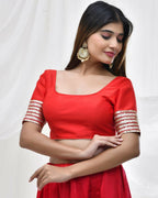 Amodini Designer Studio Red Blouse with Embellished Thread Embroidery Sleeves