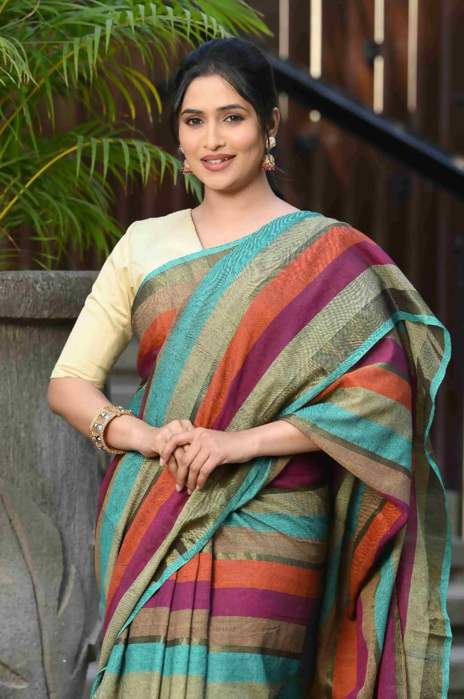 Beatitude Multicolor Cotton Stripes Golden Zari Saree