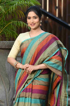 Beatitude Multicolor Cotton Stripes Golden Zari Saree