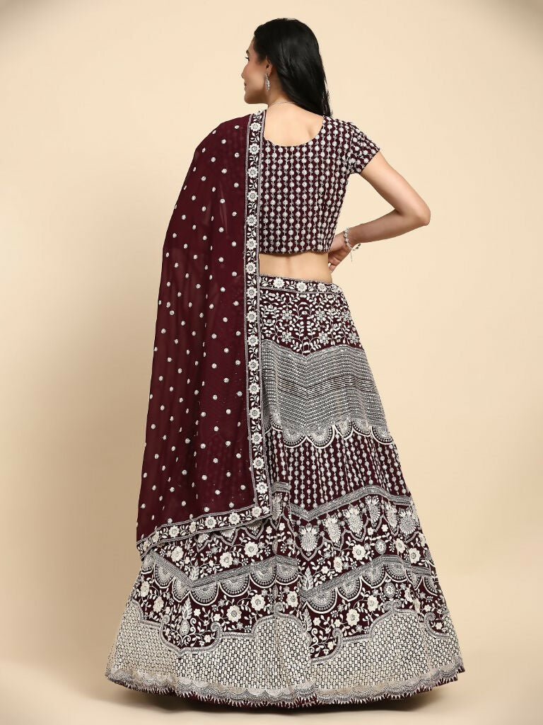Brown Georgette Thread Embroidered Lehenga Choli with Dupatta - Tanya