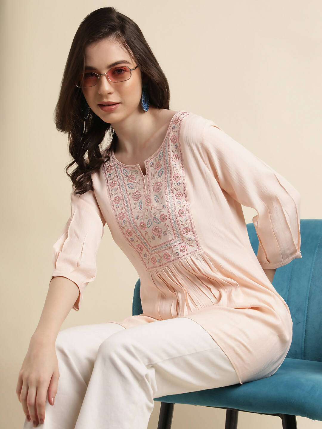 Peach Viscose Rayon Yoke Embroidered A-line Top - Tarini