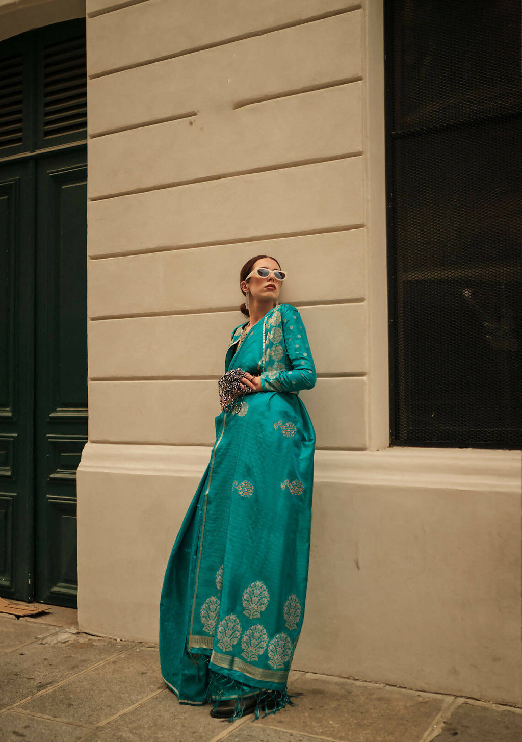 Pacific Blue Weavead Thread & Zari Work, Handloom Weaving Banarasi Satin Silk Saree - Rajtex Kronicle Silk