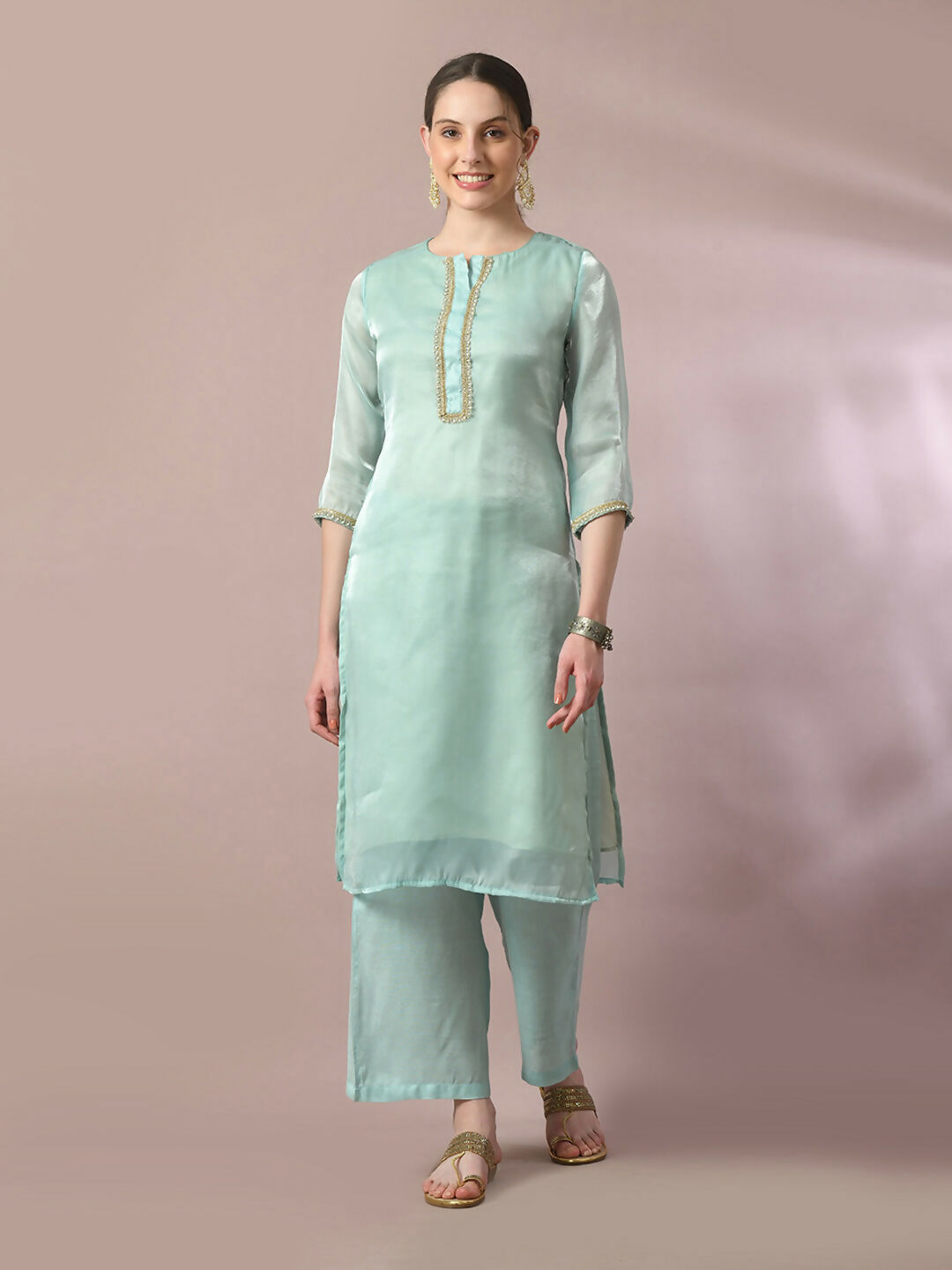 Myshka Women's Sea Green Solid Straight Party Kurta Set