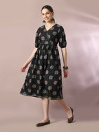 Myshka Women's Black Printed Cotton V-Neck Empire Party Dress - Distacart