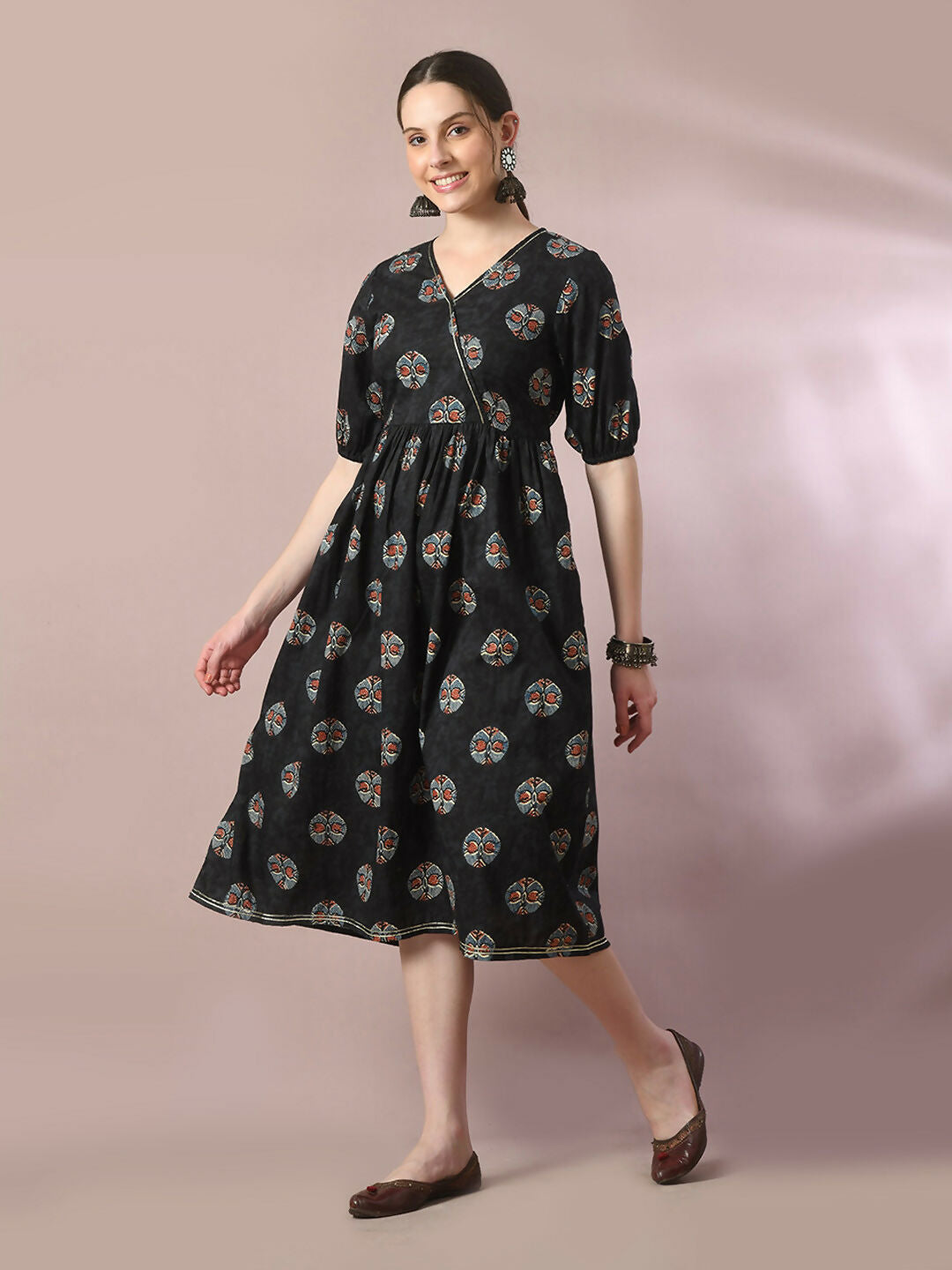 Myshka Women's Black Printed Cotton V-Neck Empire Party Dress - Distacart