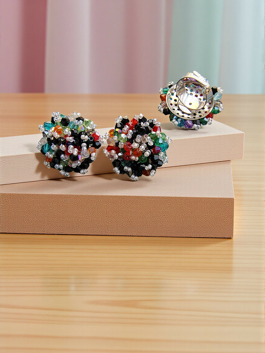 Inhanns Rangmani Crystal Duo – Adjustable Ring + Statement Earrings Set - Multicolor 1 - Distacart