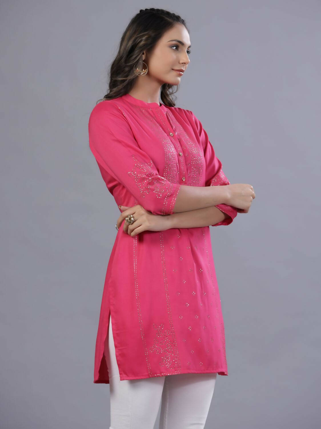 Juniper Women Fuchsia Chinon Silk Mukesh Work Straight Tunic