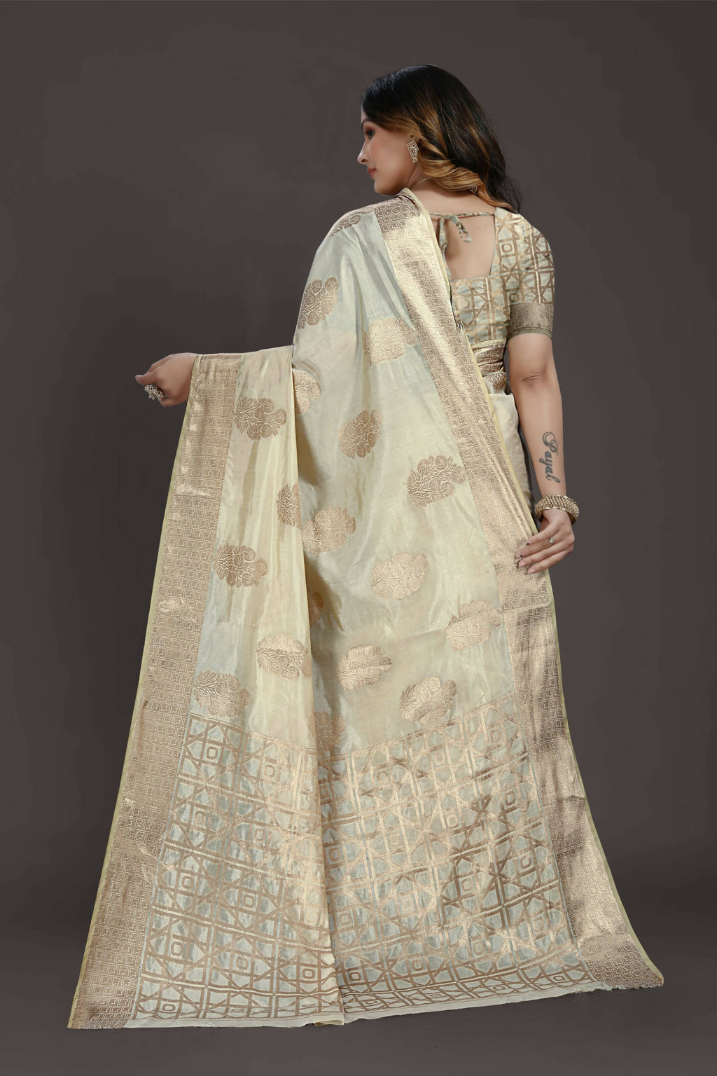 Off White Pure Raw Silk Zari Woven Saree with Unstitched Blouse Piece - Alisha