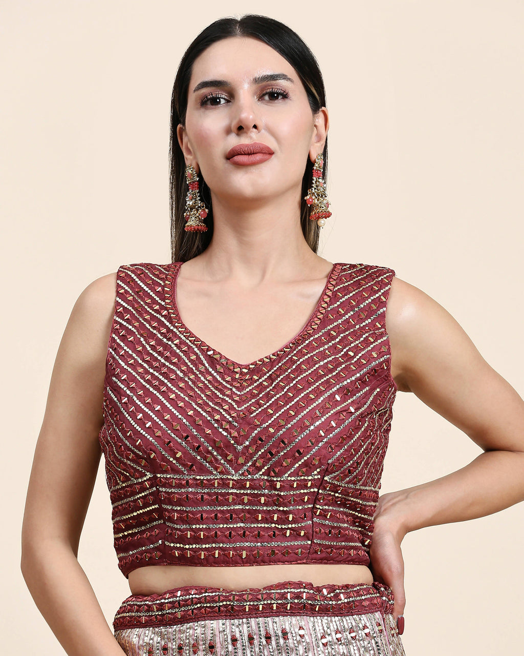 Maroon Organza Mirror With Coding Work Lehenga Choli with Dupatta - Tanya