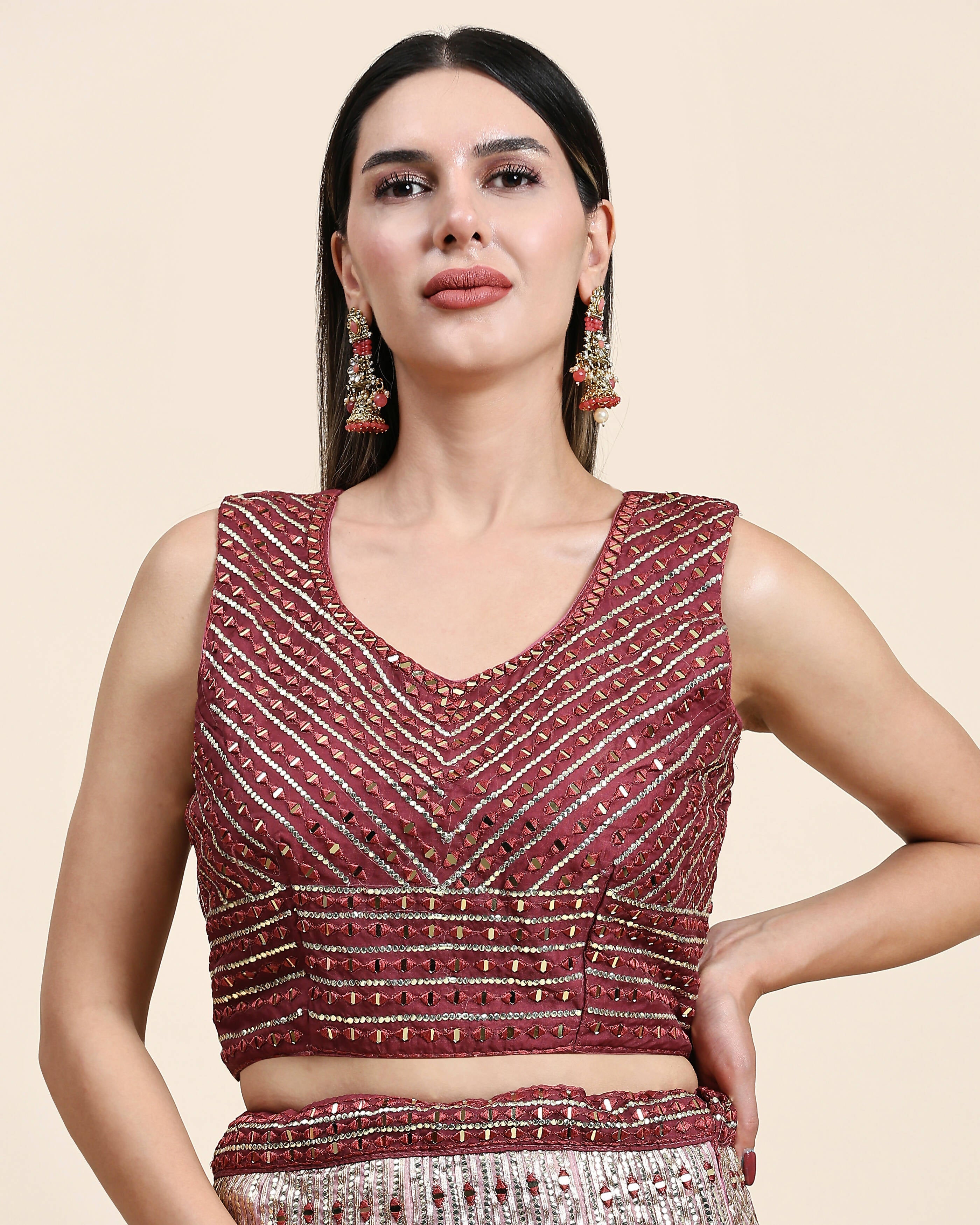 Maroon Organza Mirror With Coding Work Lehenga Choli with Dupatta - Tanya